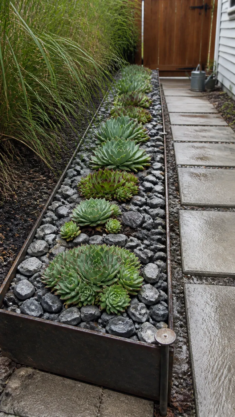 Narrow crushed stone bed planted in repeated hardy clusters
