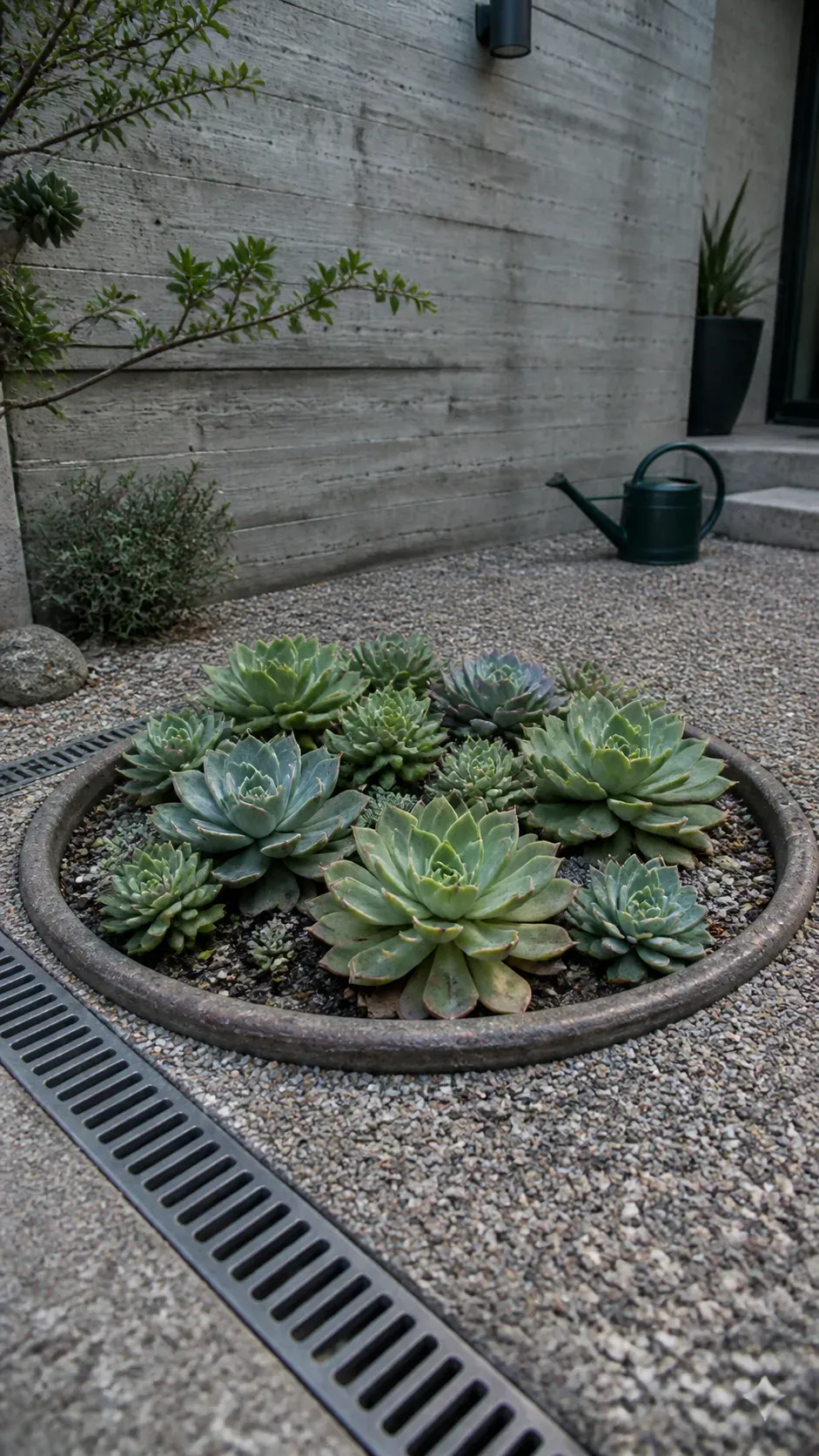 Wide pot partly recessed into gravel with rosette succulents