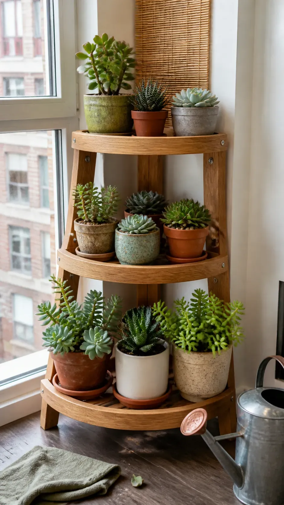 Three tier wood shelf filled with separate succulent pots