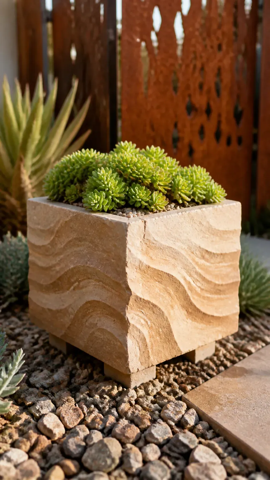 Sandstone cube containing a soft mound of sedum