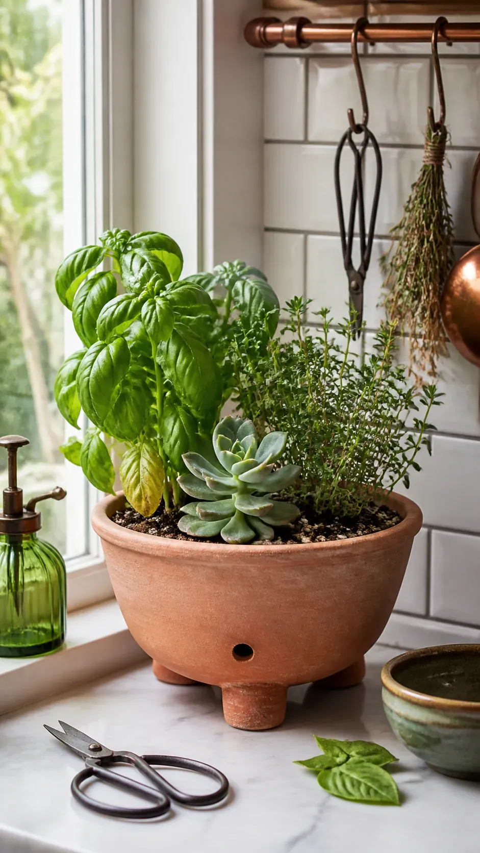 Small clay succulent pot beside basil and thyme