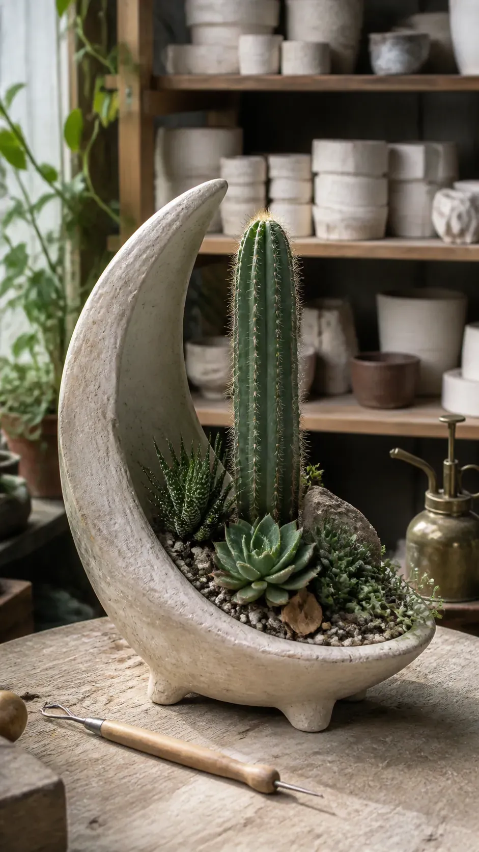 Crescent ceramic planter embracing a slim cactus
