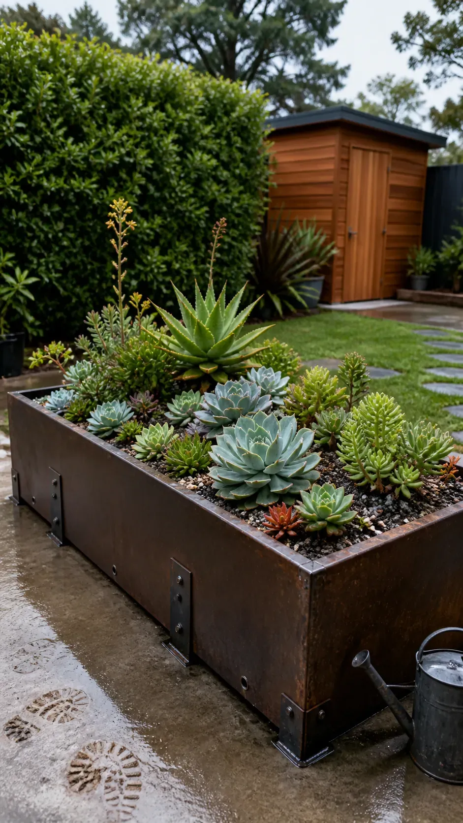 Low steel bed with repeating outdoor succulent groups