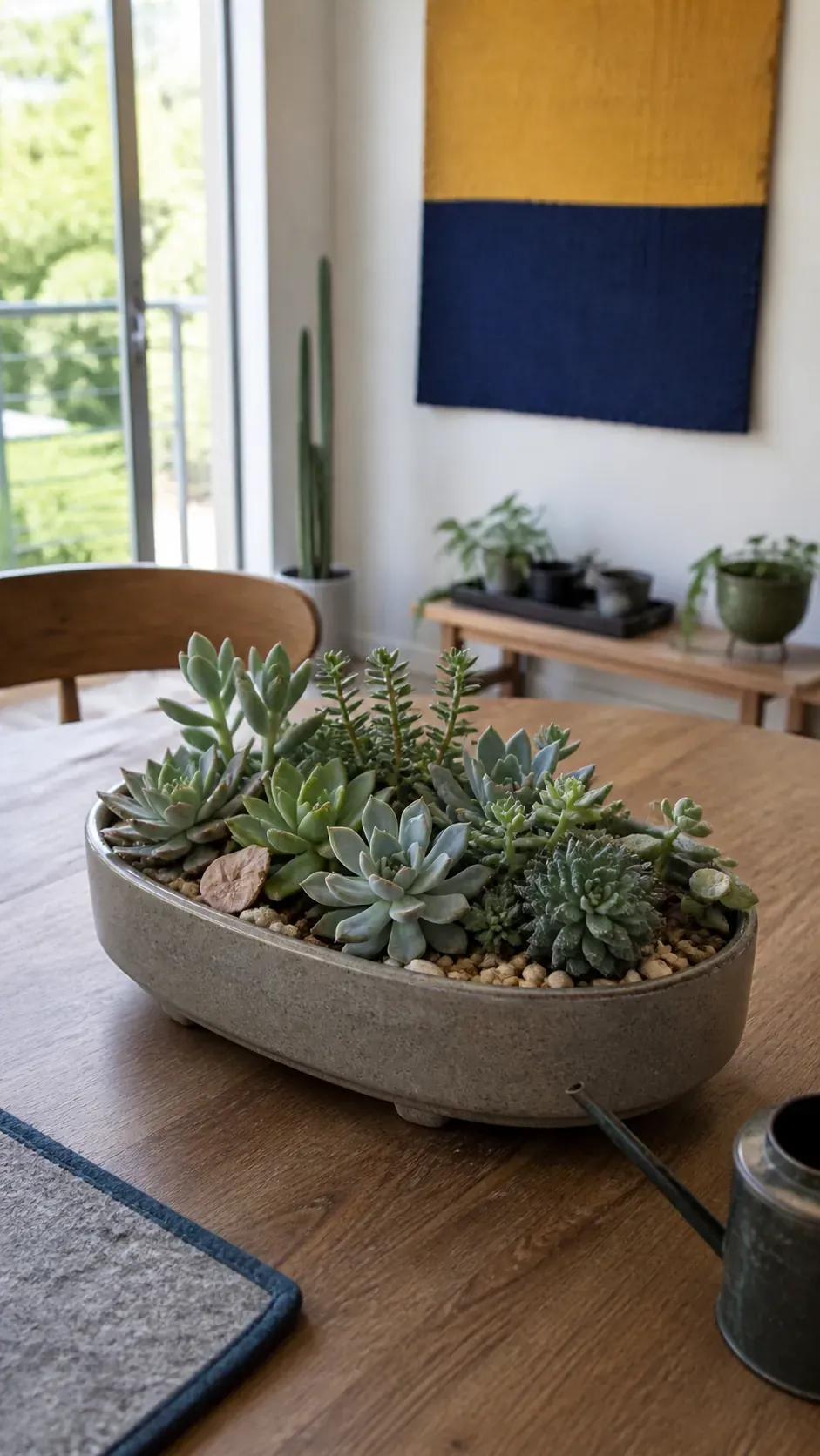 Low oval planter of compact blue green succulents
