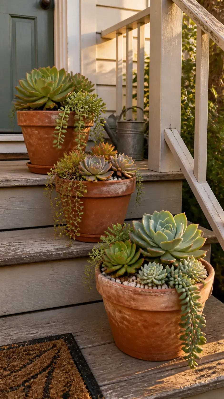 Three coordinated clay pots ascending broad porch steps