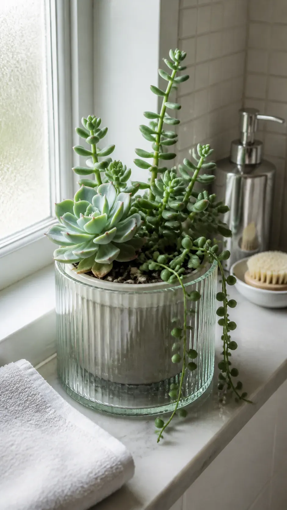 Reeded glass sleeve around a drained rosette pot