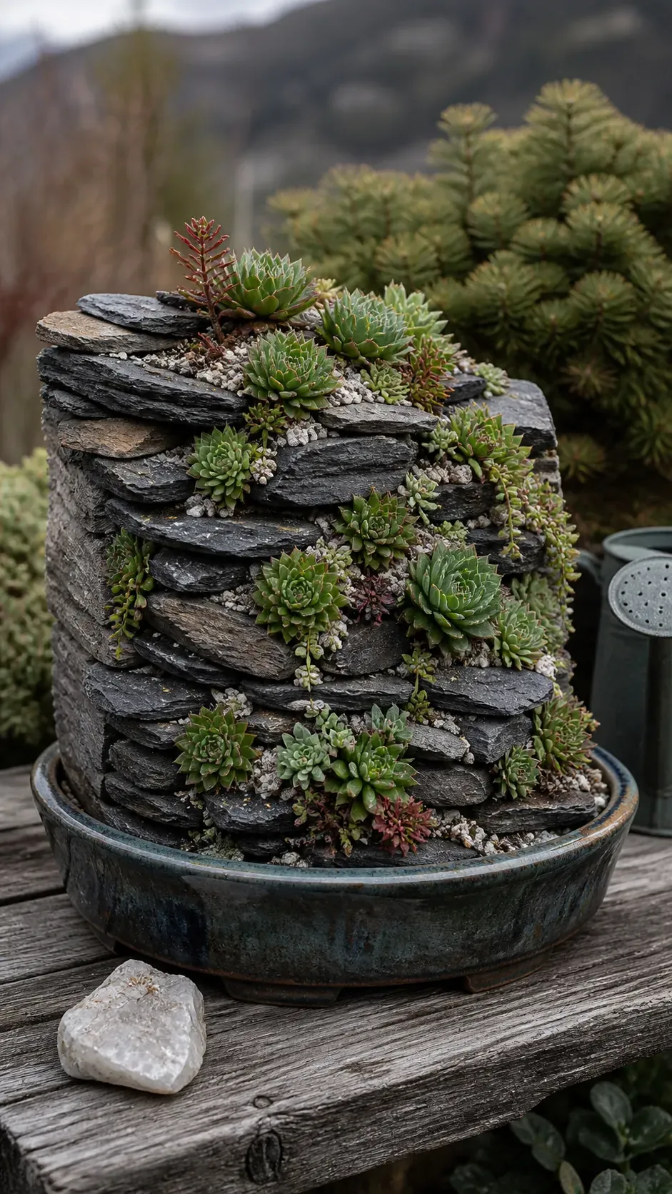 Upright stone crevices holding alpine succulents
