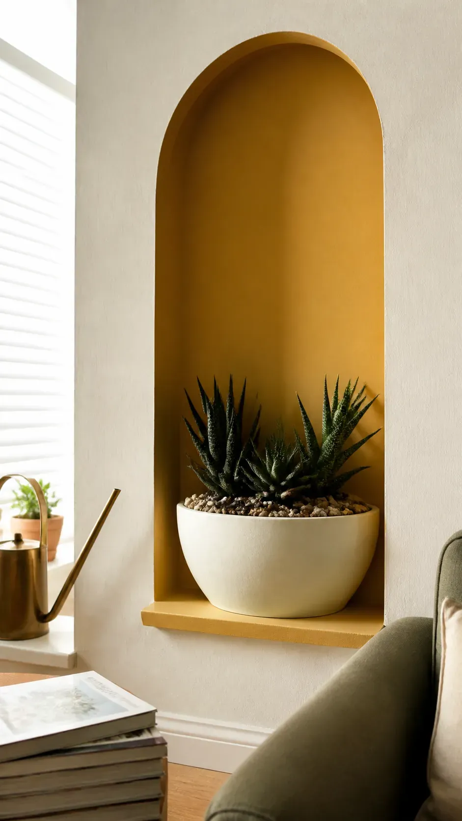 Single pale planter centered within a painted ochre arch