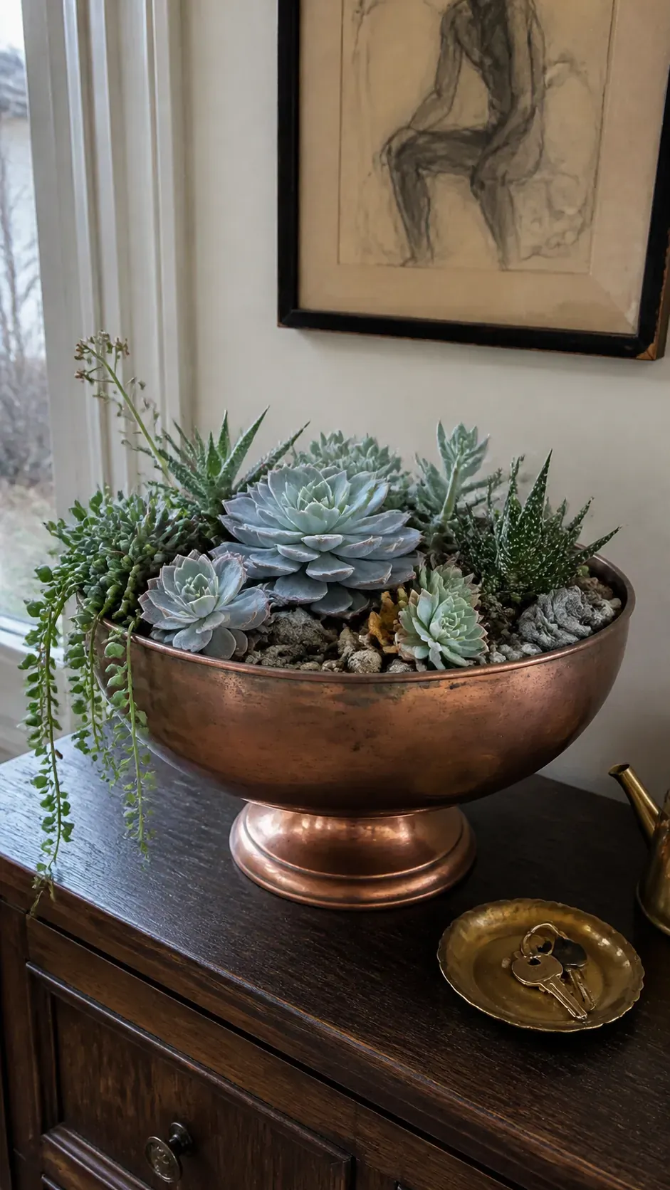 Footed copper bowl with blue gray succulents in an insert