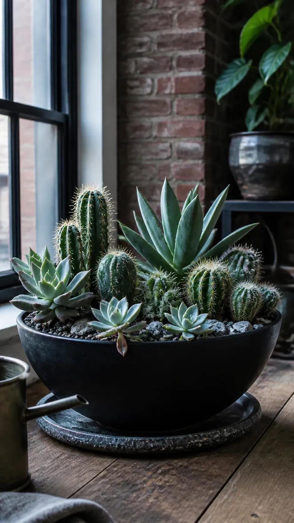 Matte black bowl with pale cactus spines and silver leaves