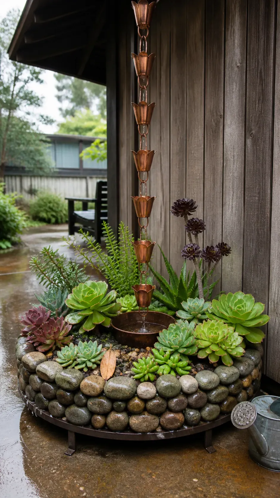 Raised succulent ring around a central rain chain basin