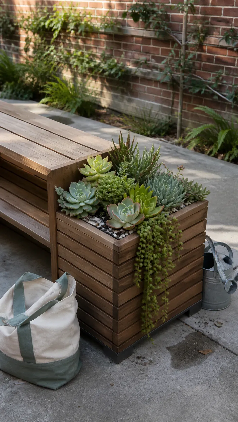 Rectangular planter integrated beside a garden bench