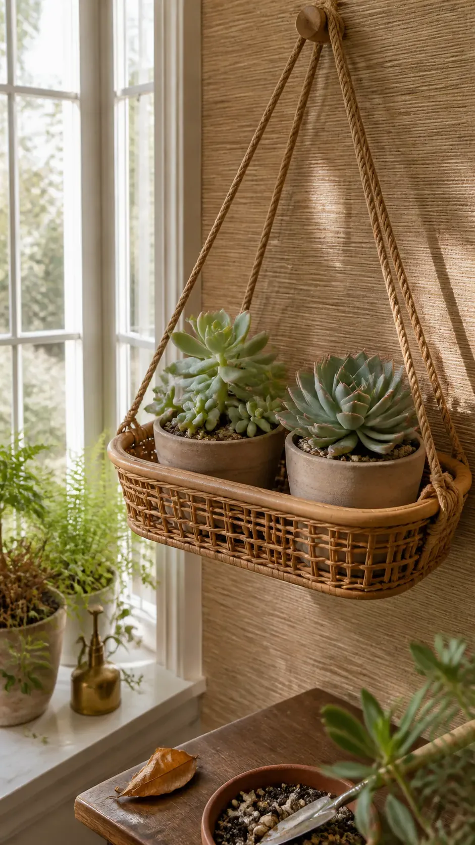 Rattan shelf suspending two light succulent pots