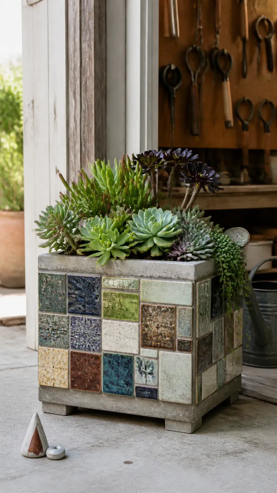 Plain planter faced with irregular glaze test tiles