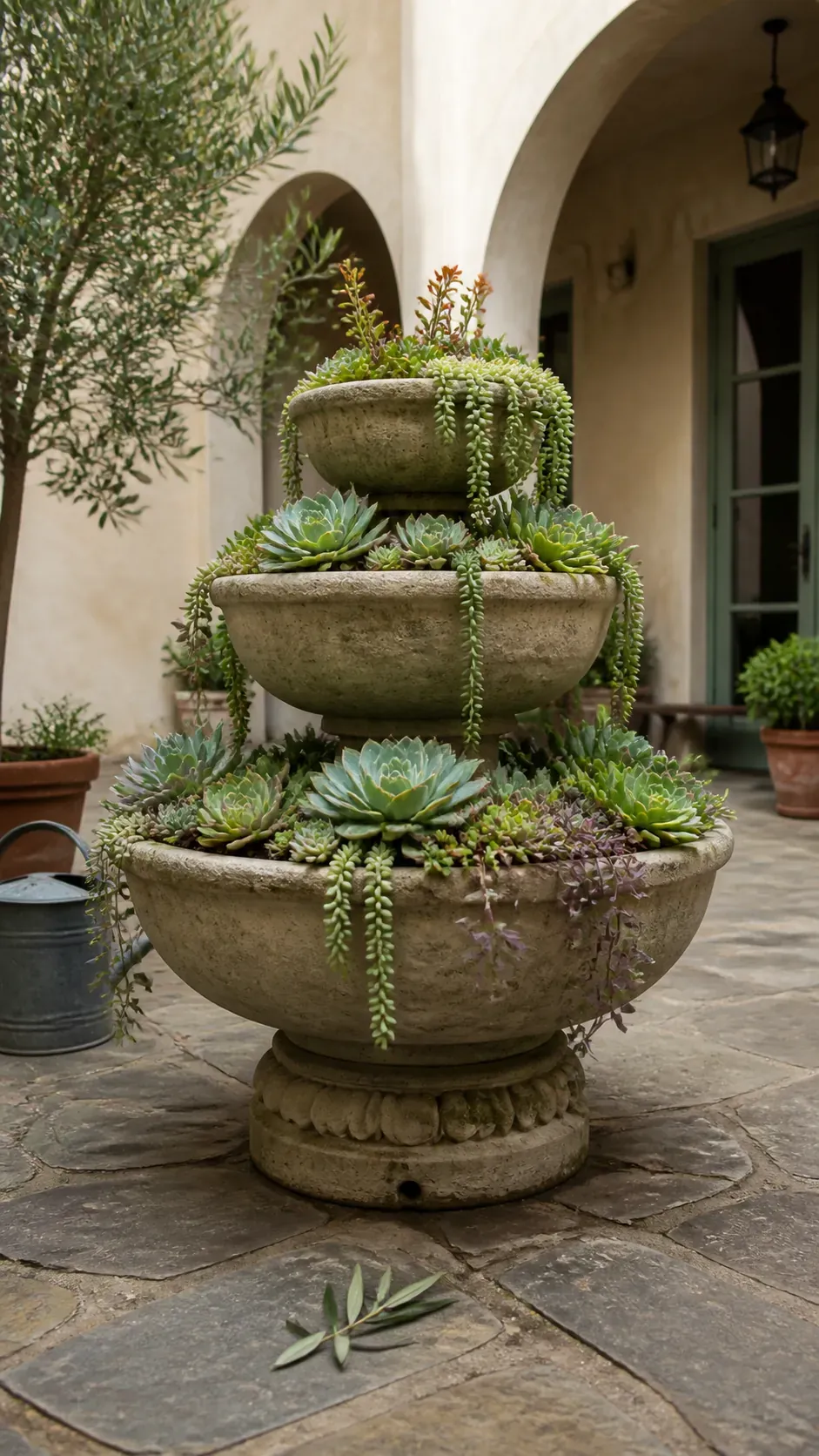 Dry tiered fountain planted with cascading succulents