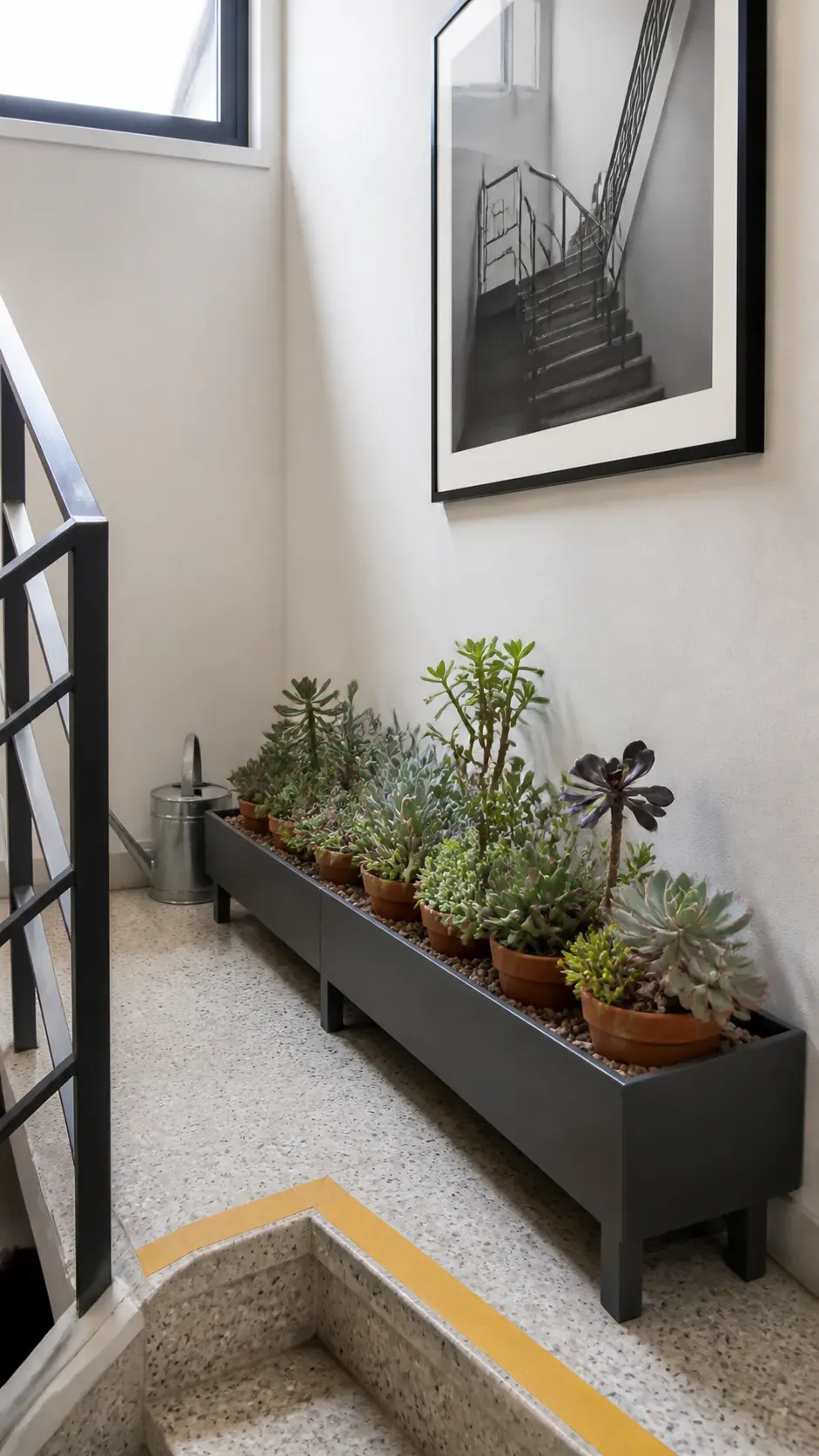 Slim trough of separate succulent pots on a landing