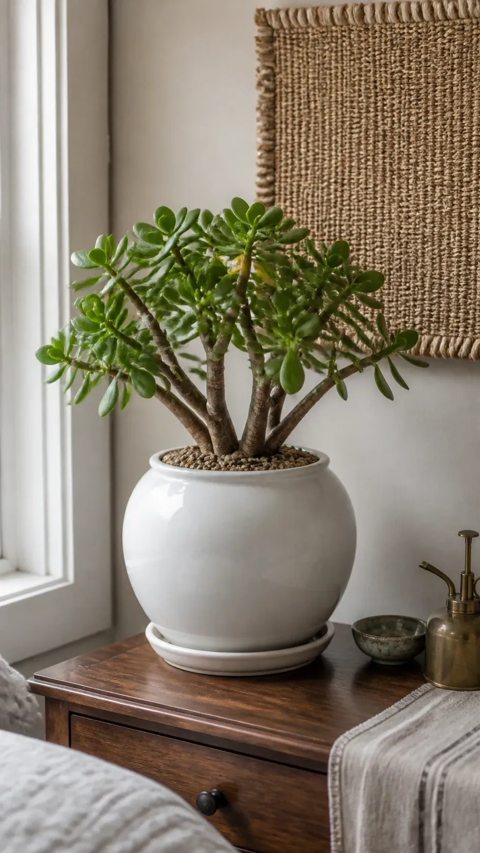 Round white moon jar holding a mature jade plant