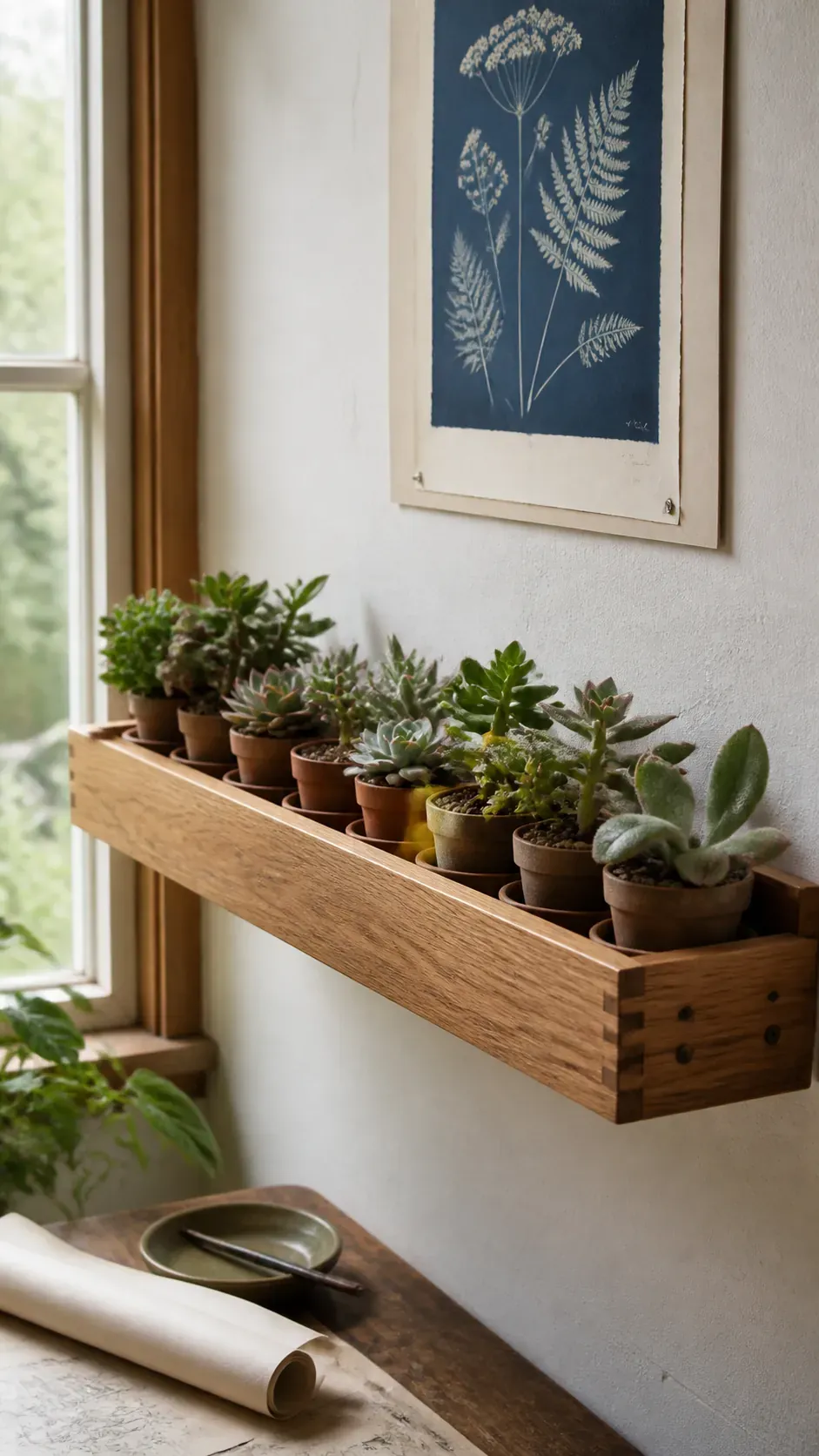 Deep oak ledge lined with small drained pots