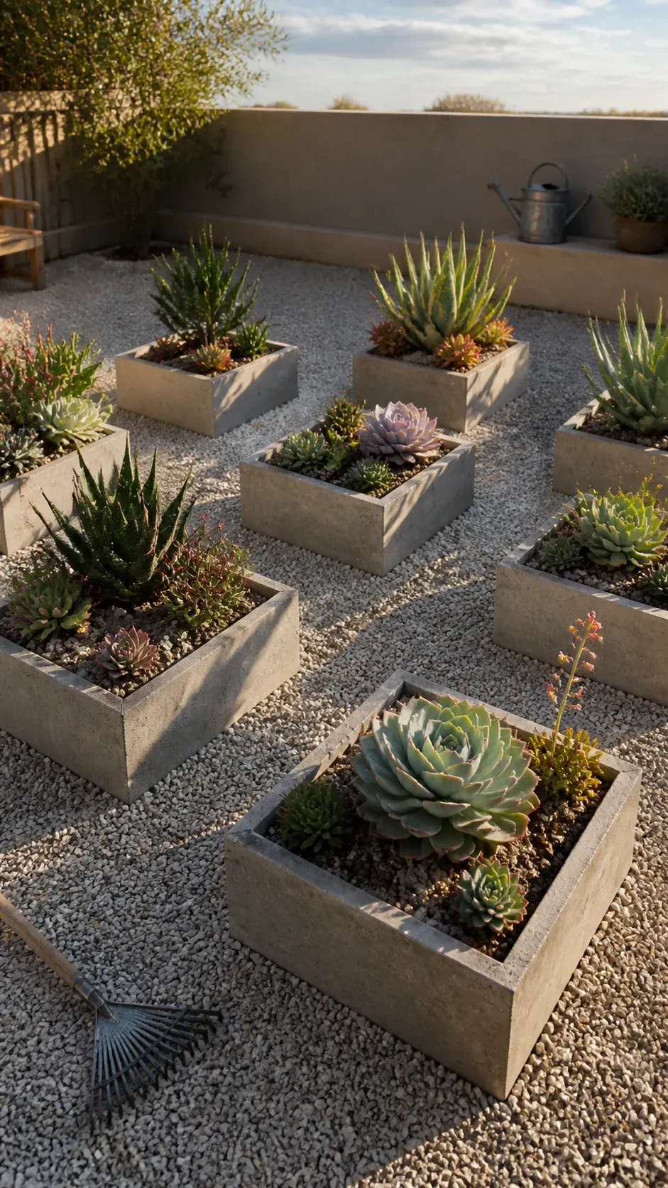 Loose grid of square planters with varied succulent heights