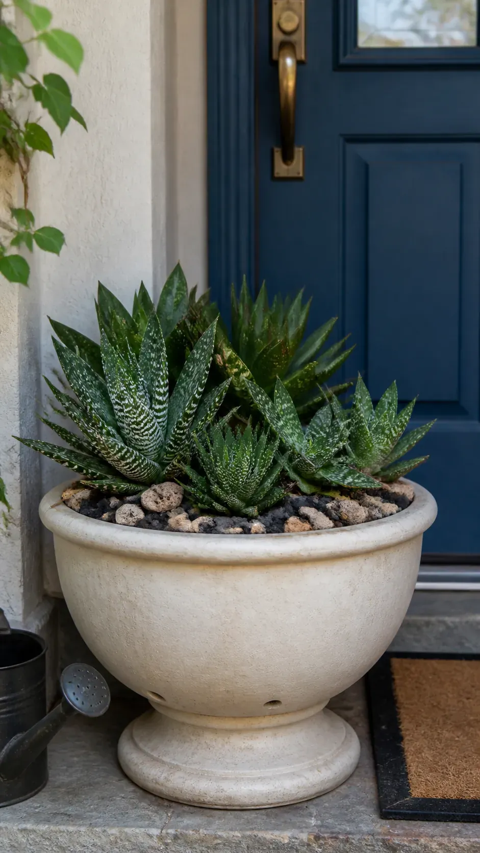 Pale urn with haworthia and gasteria in bright shade