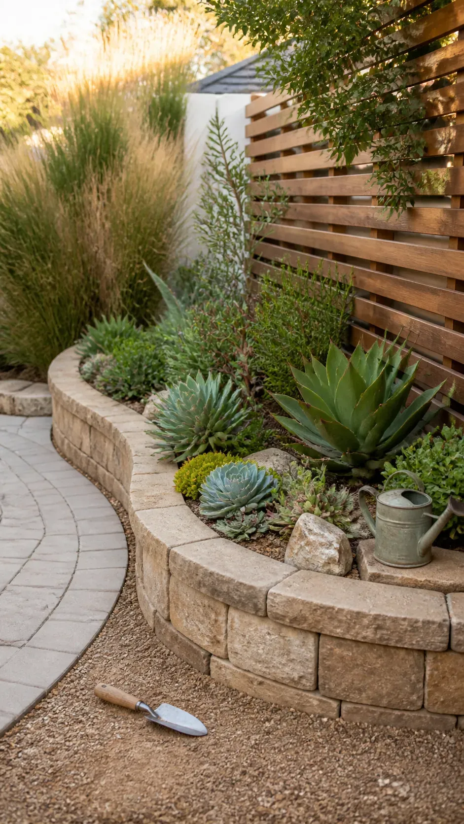 Curved patio border layered with low and upright succulents