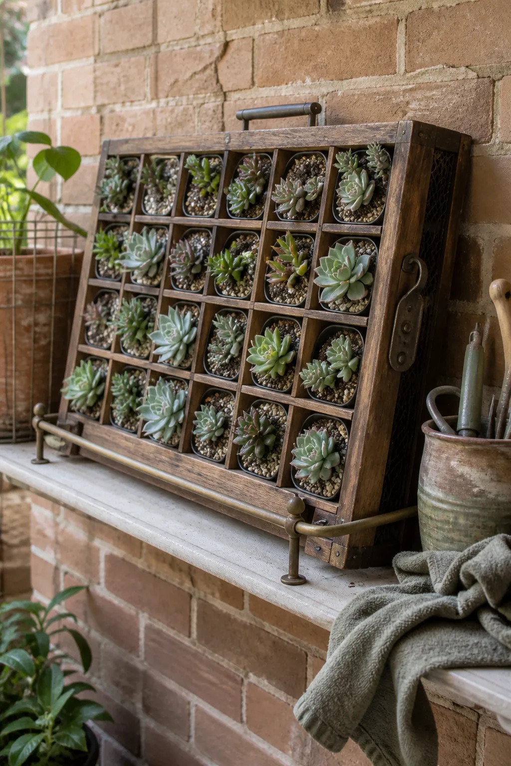 Salvaged type case filled with small succulent rosettes