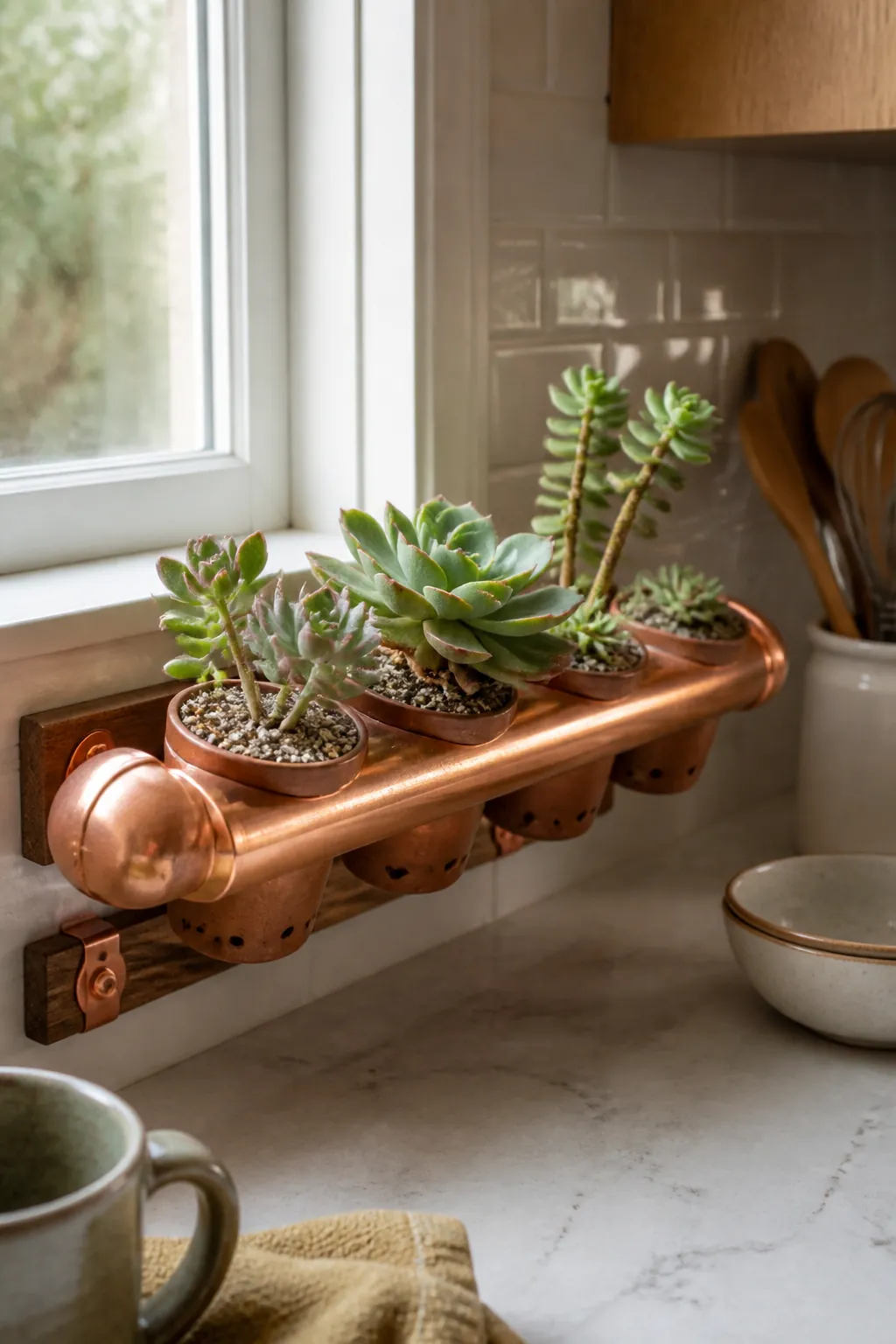 Copper rail holding removable succulent propagation pots