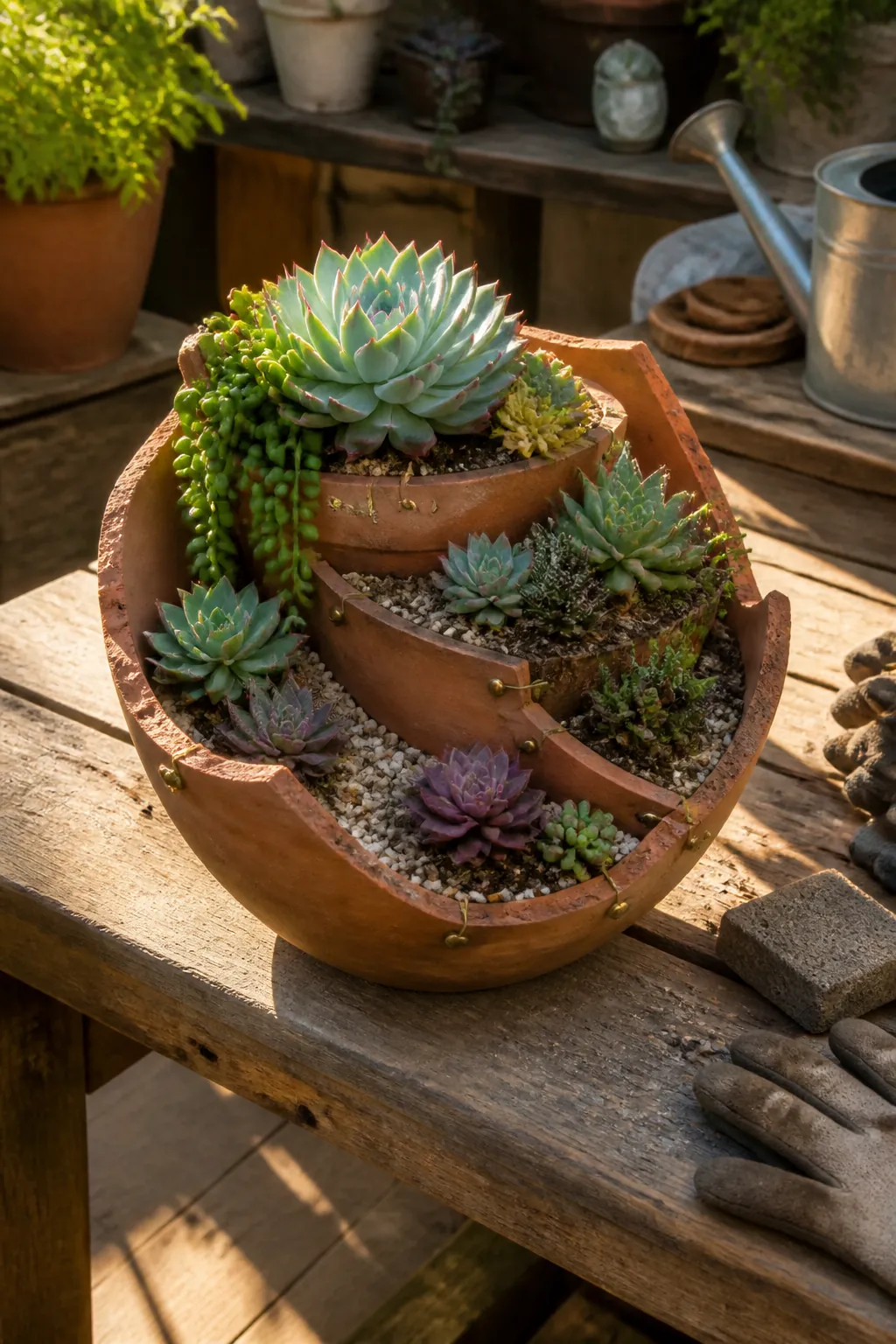 Layered succulents in a safely finished broken terracotta bowl
