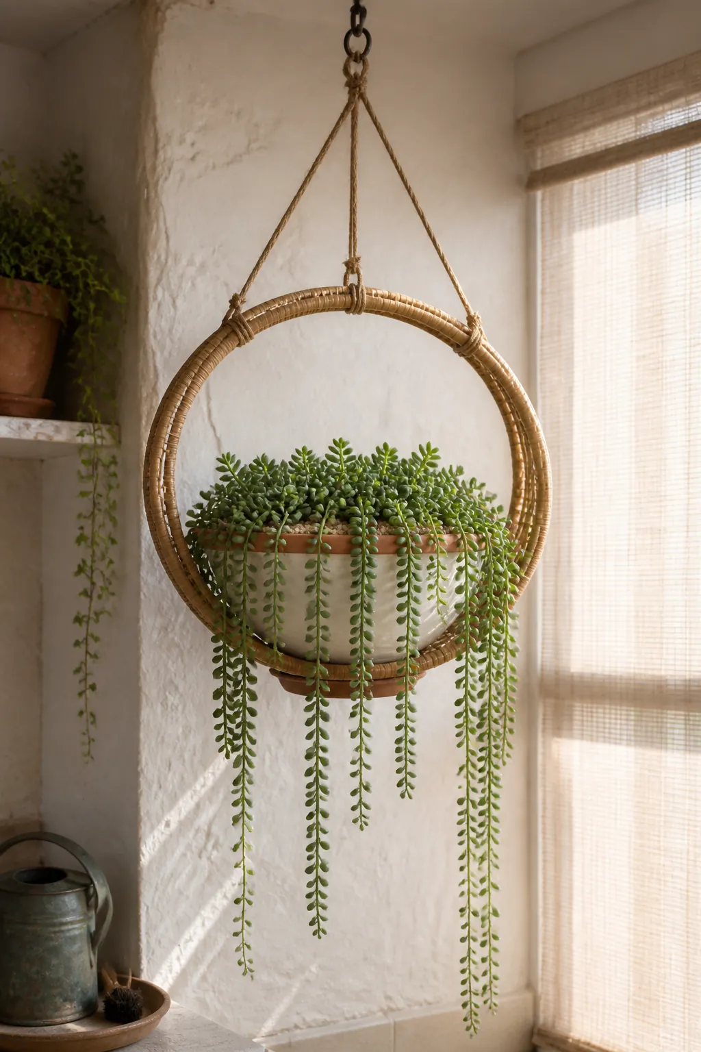 Trailing succulent suspended inside a woven cane halo