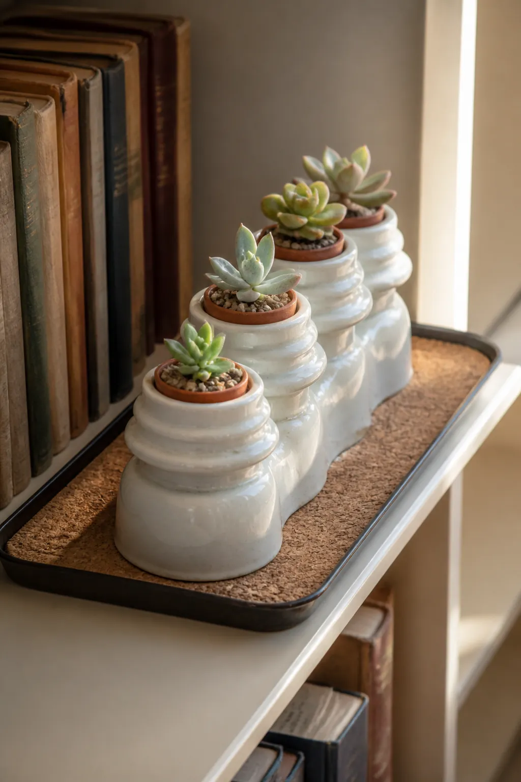 Tiny succulent offsets displayed in ceramic insulators