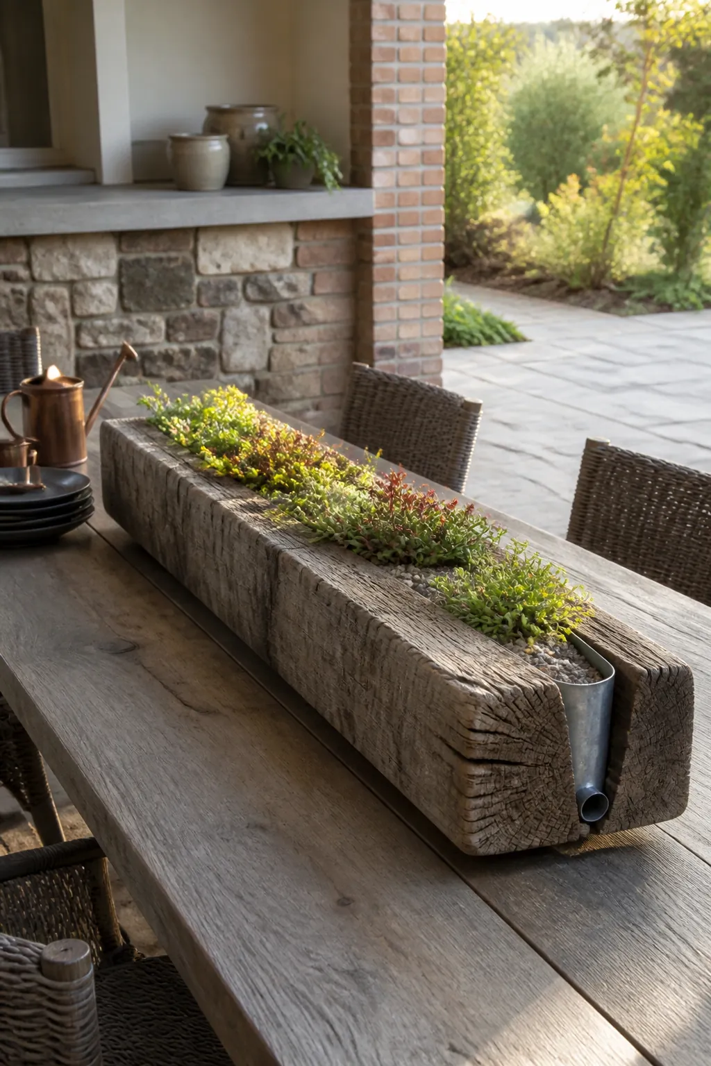 Low sedums growing in a carved reclaimed timber beam