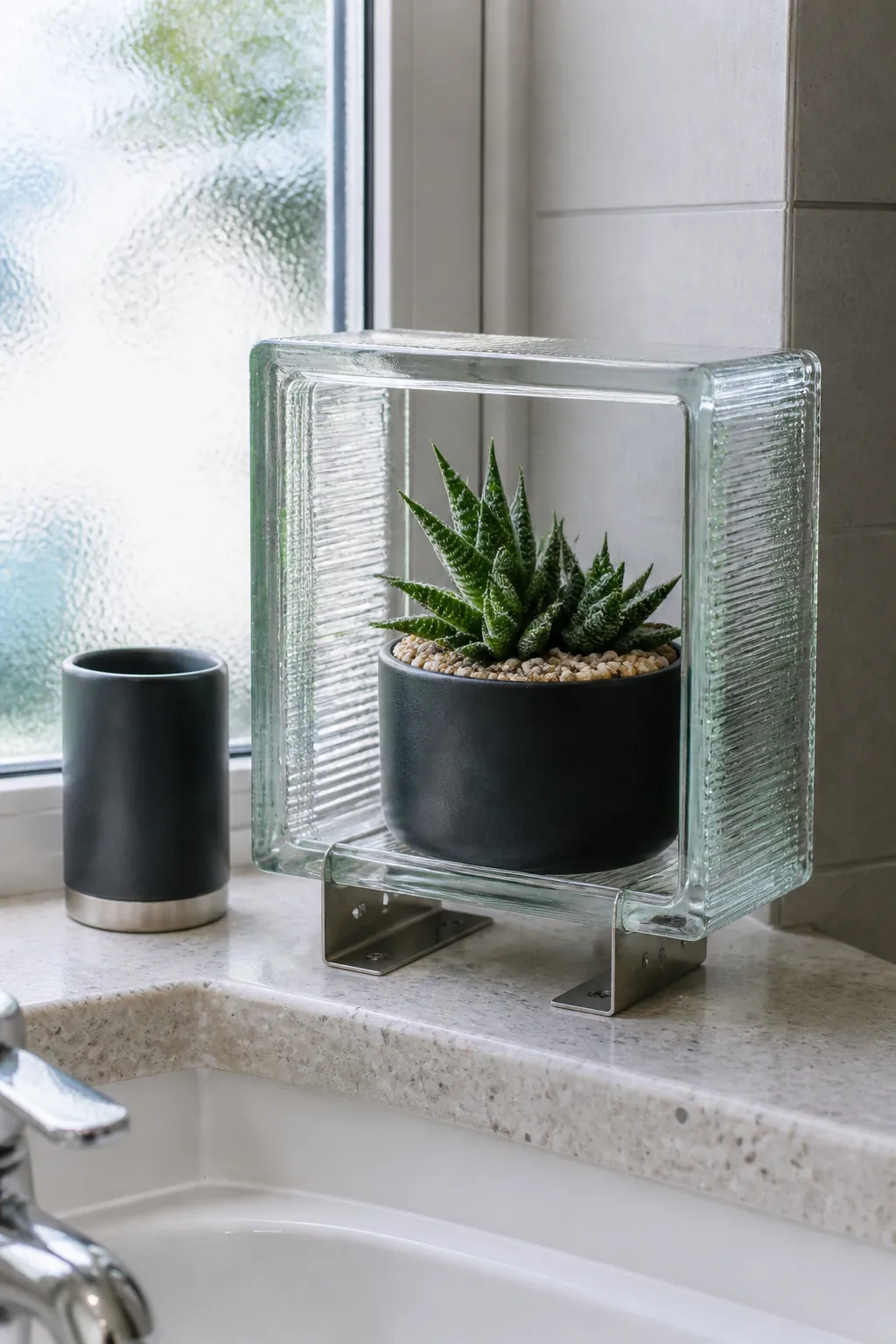 Small potted succulent displayed inside a hollow glass brick