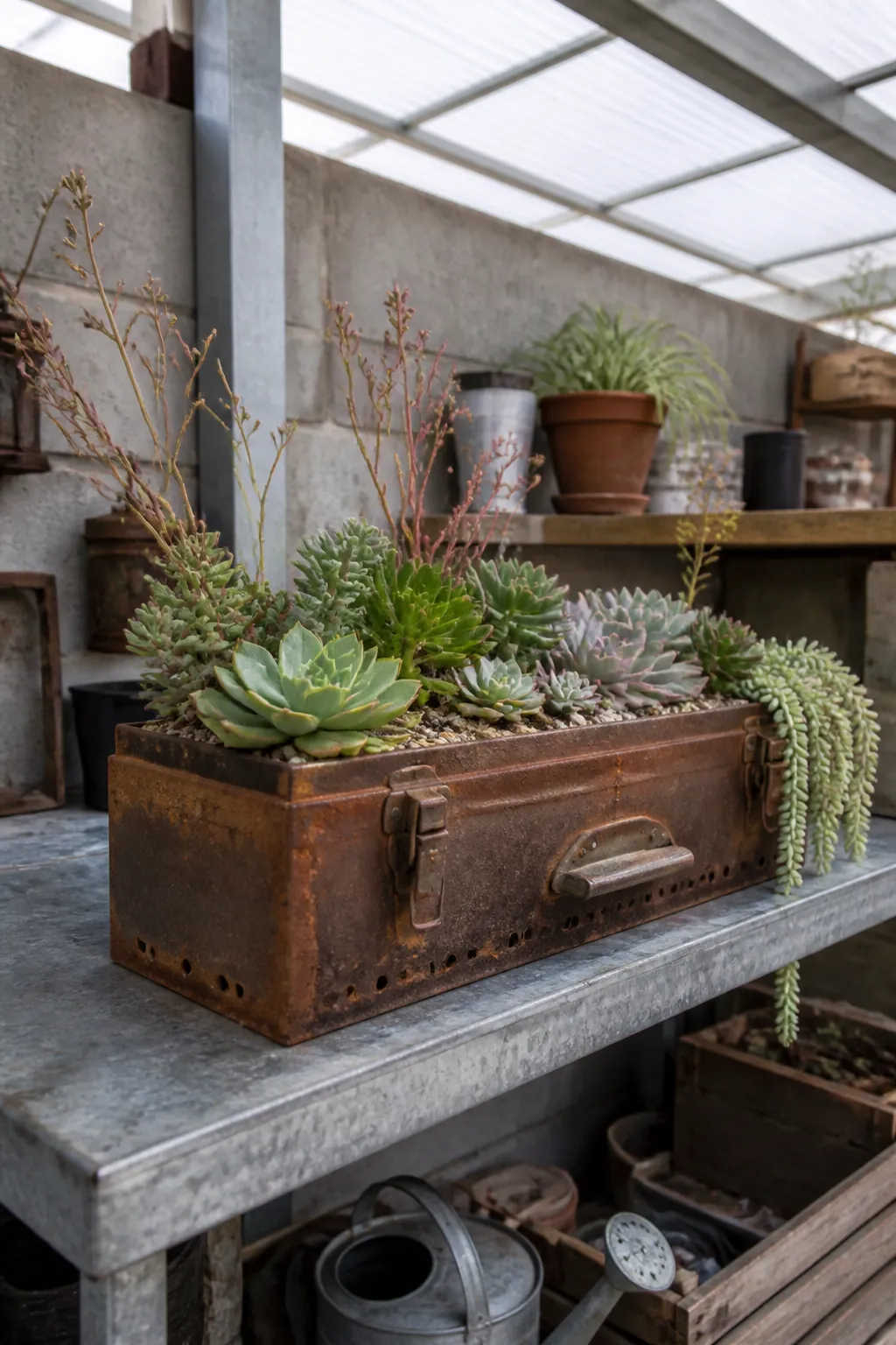 Outdoor succulent arrangement in a rusted steel tool box