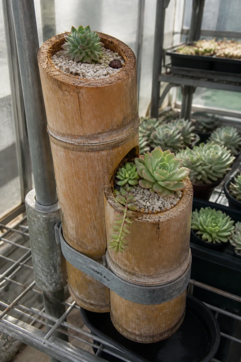 Succulent offsets growing in wide upright bamboo sections