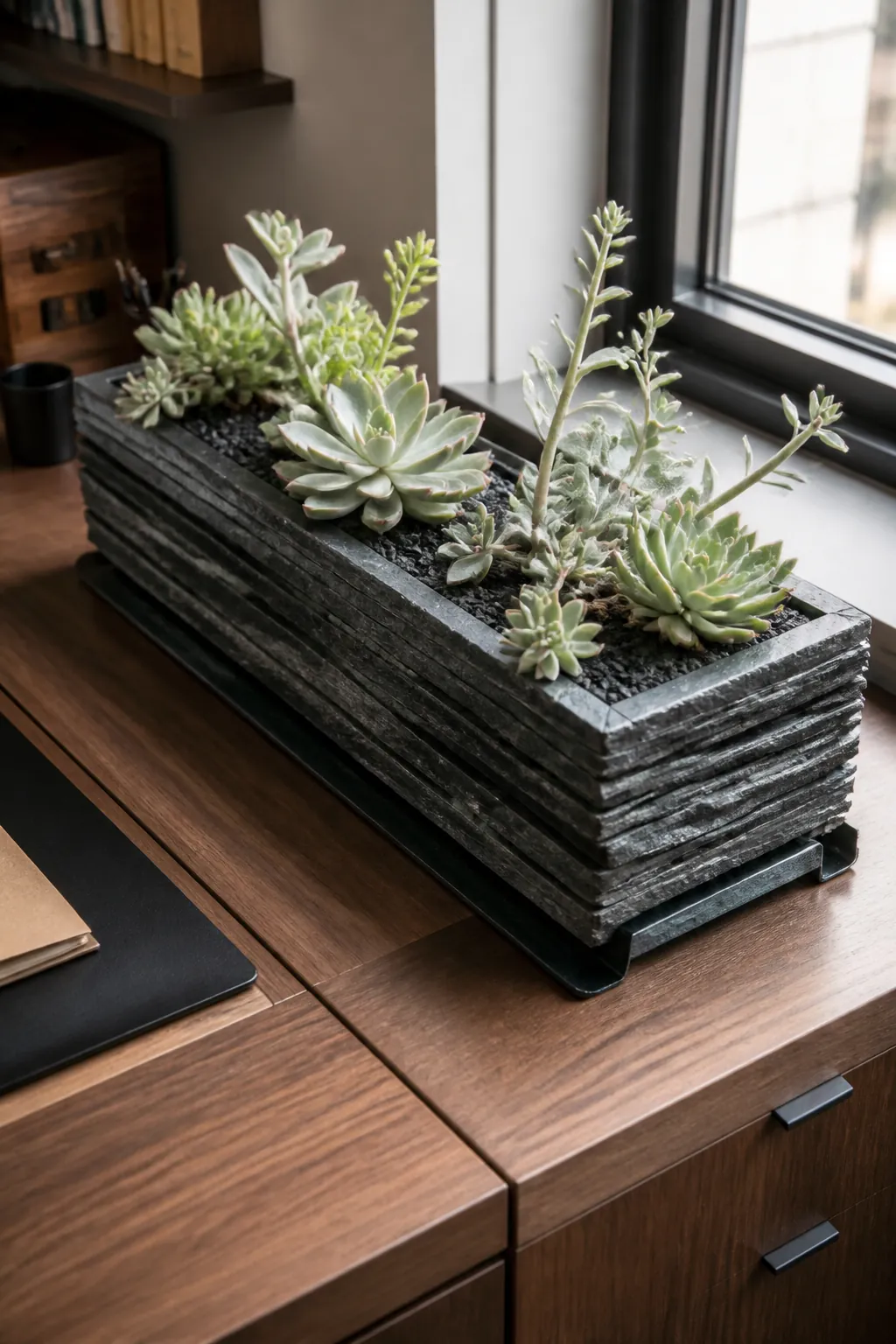 Silver succulents in a planter concealed by stacked slate