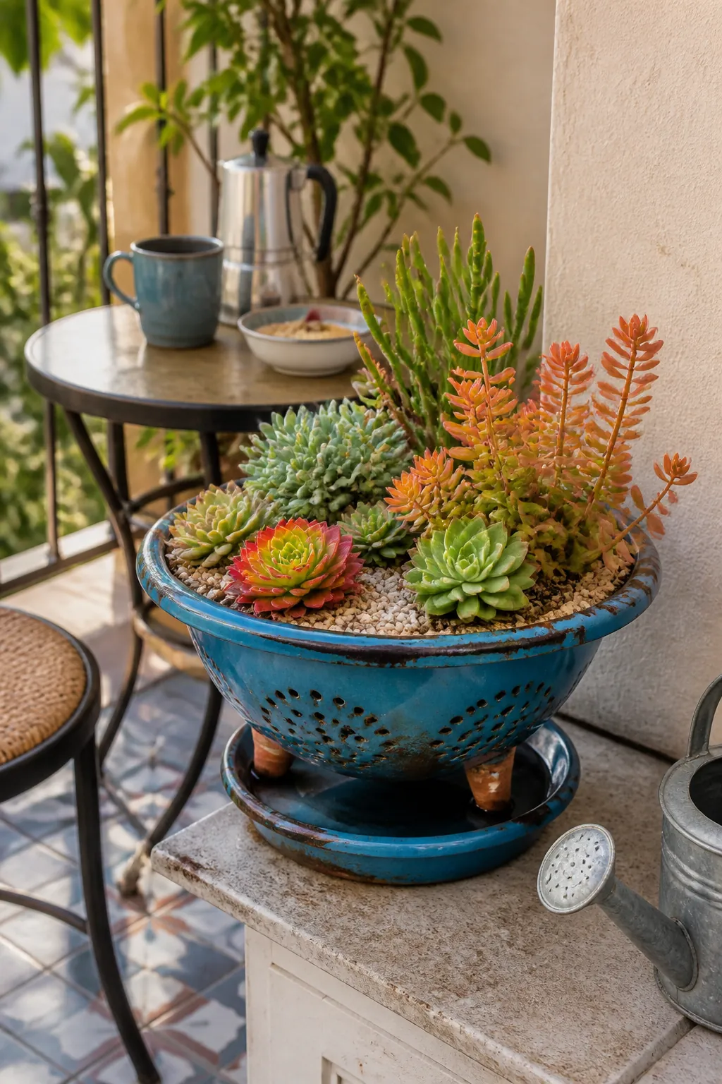 Colorful succulent planting in a vintage enamel colander
