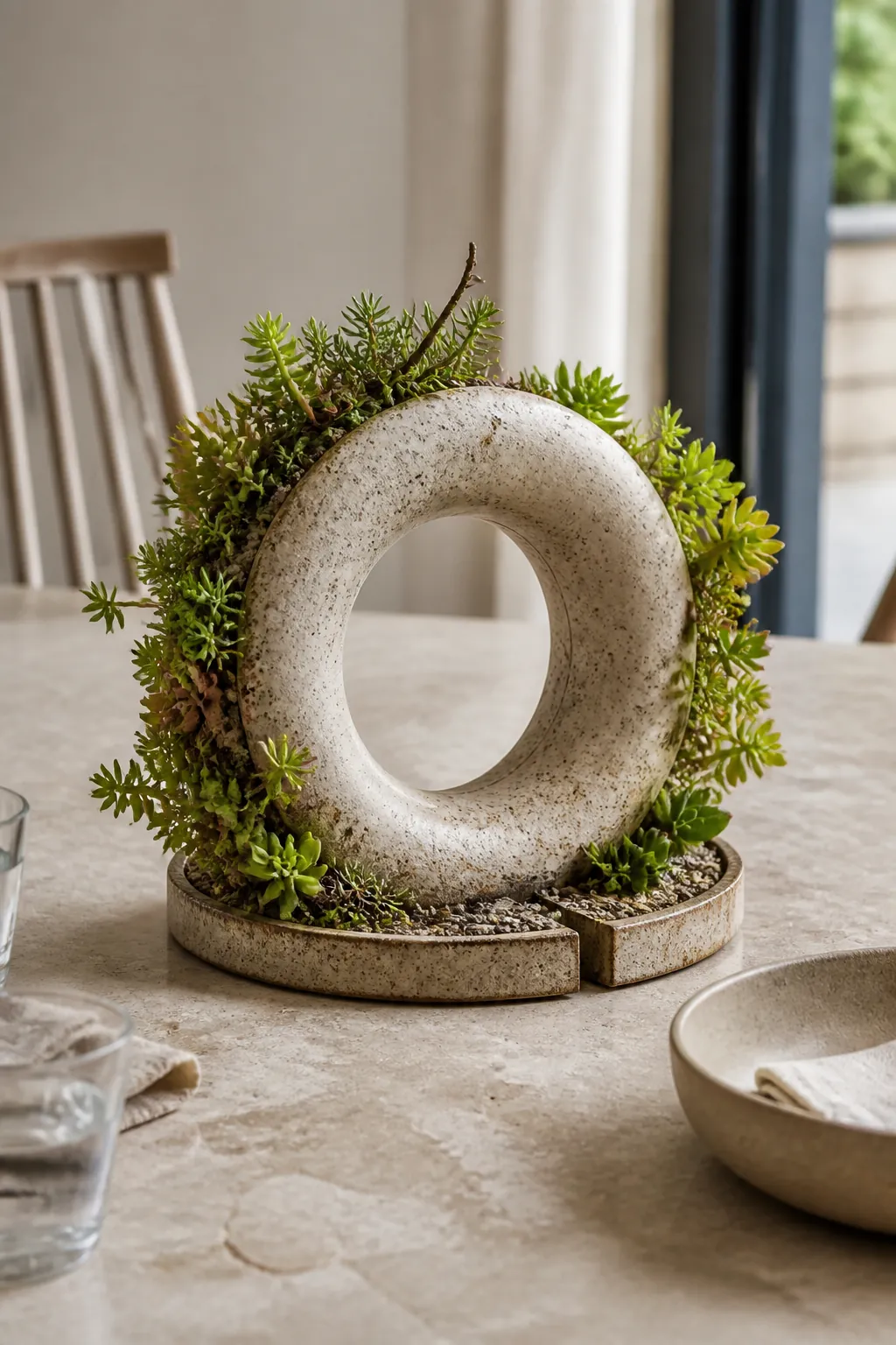 Sedum planted around a hand thrown ring shaped vessel