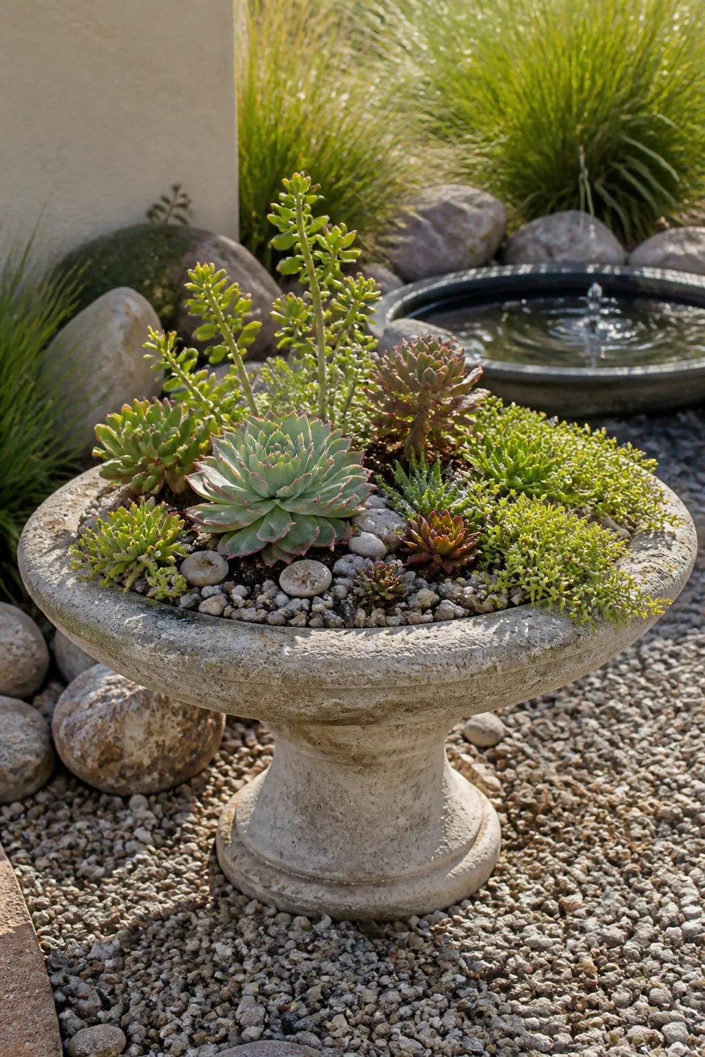 Outdoor succulent island planted in a shallow stone bird bath