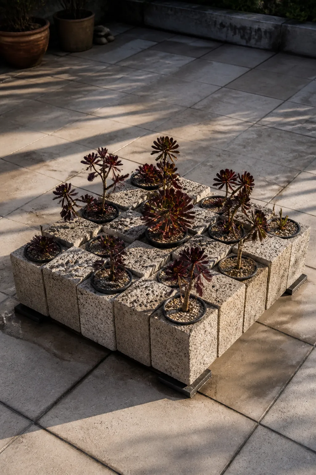 Succulent pots set into a geometric field of pumice blocks