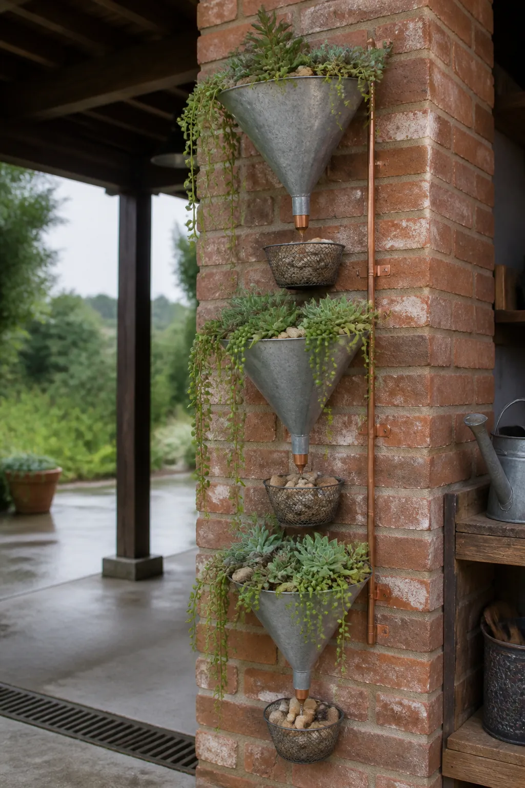 Trailing succulents cascading from wall mounted metal funnels