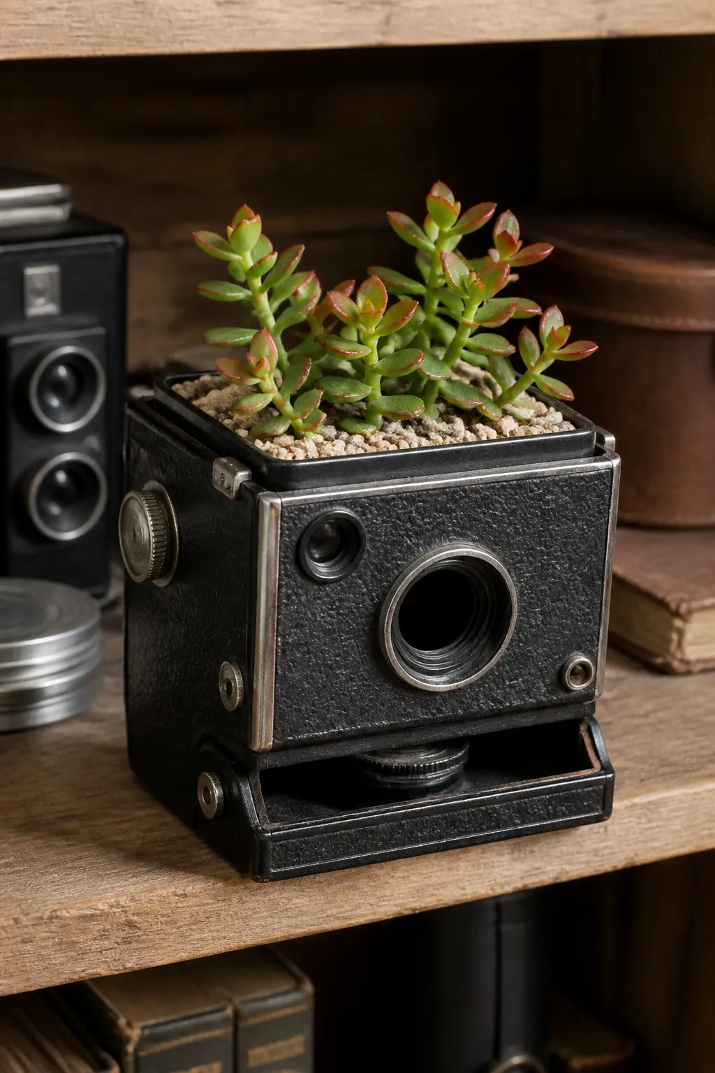 Small succulent displayed safely inside an old box camera