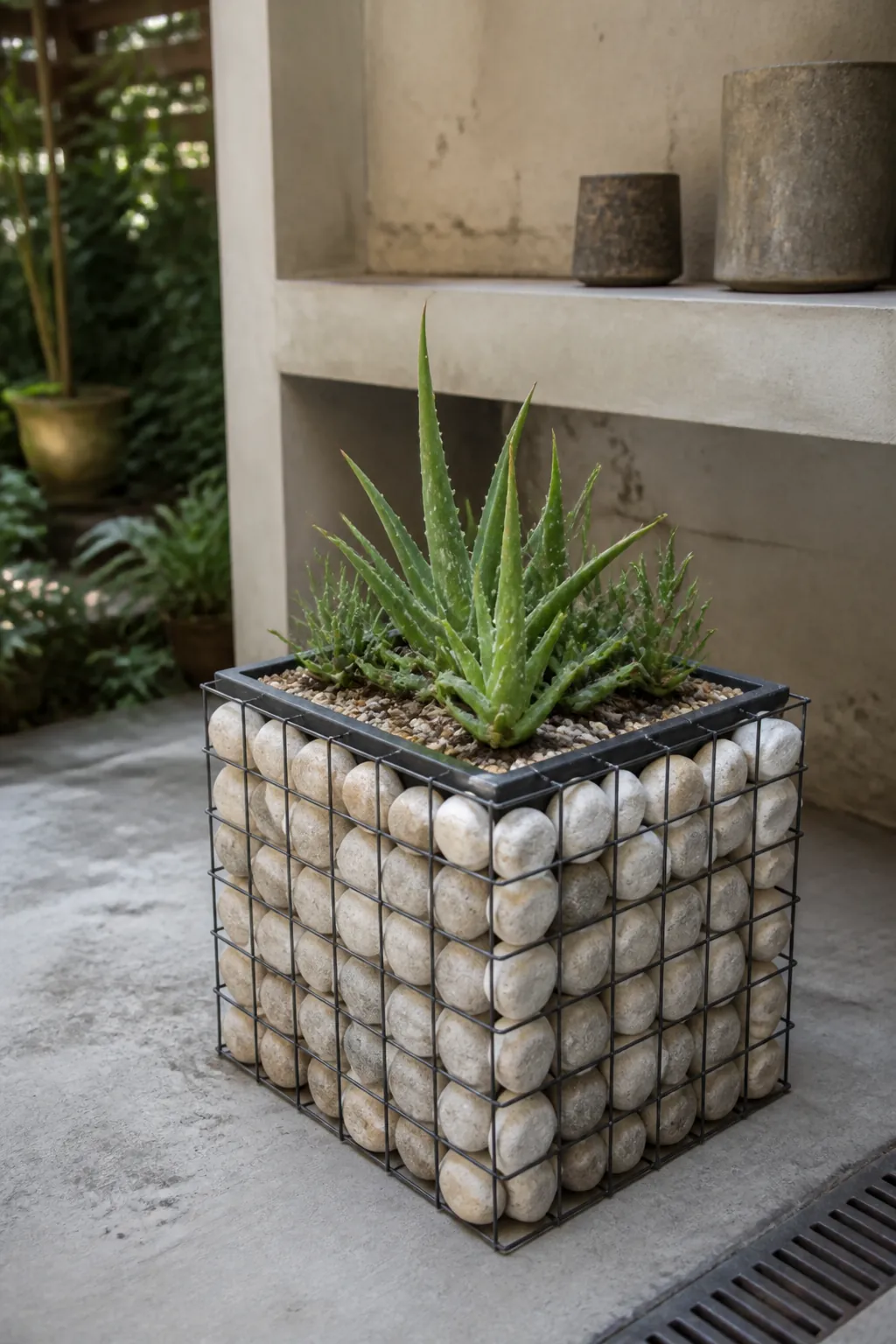 Dark succulent planter nested in a cube of pale river stones