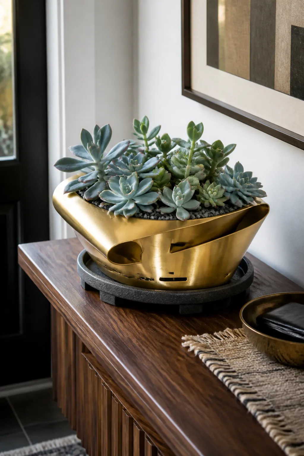 Blue green succulents in a folded brass ribbon planter