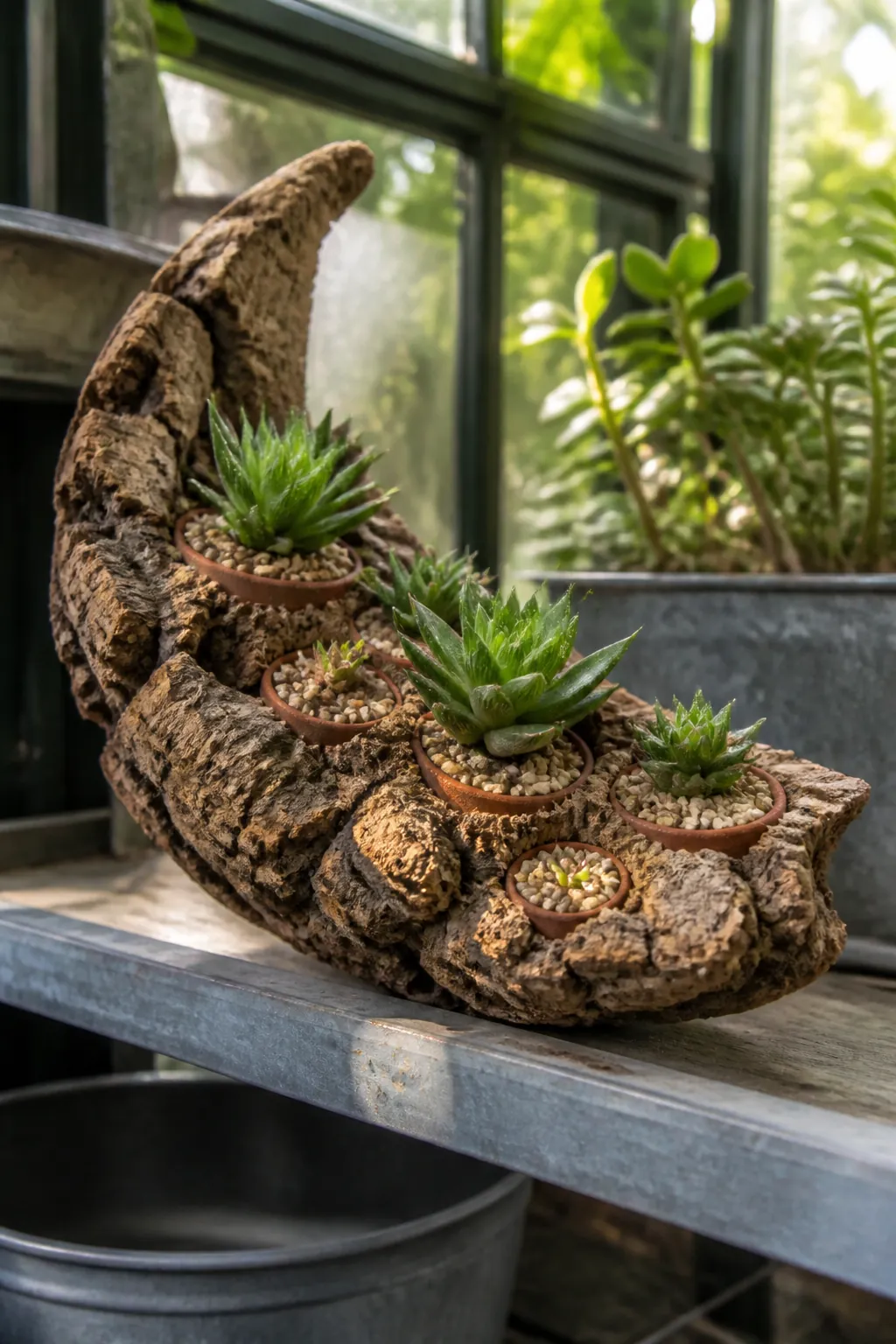 Miniature succulent pots nestled along a cork bark crescent
