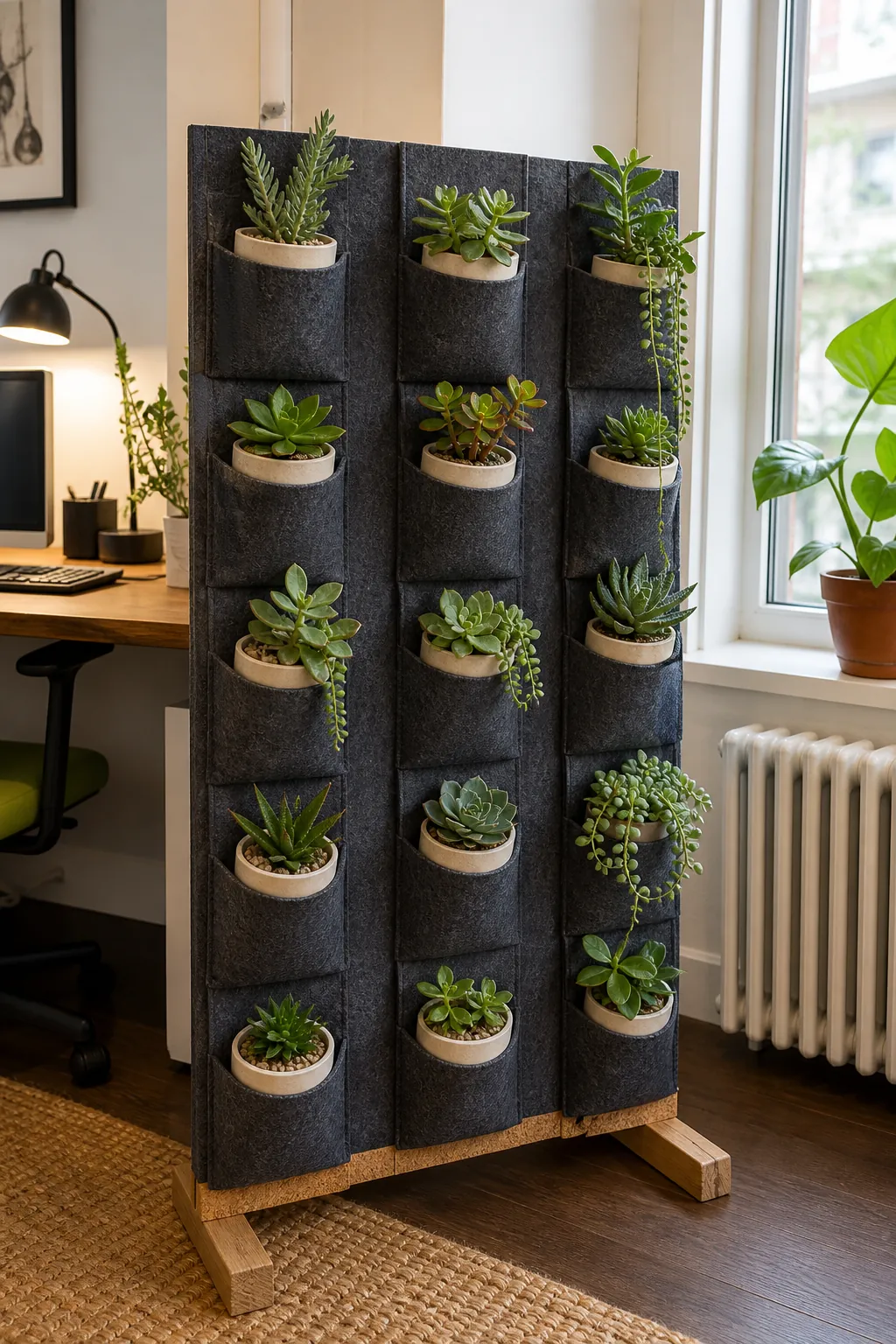 Indoor succulent pots arranged in a freestanding felt pocket screen