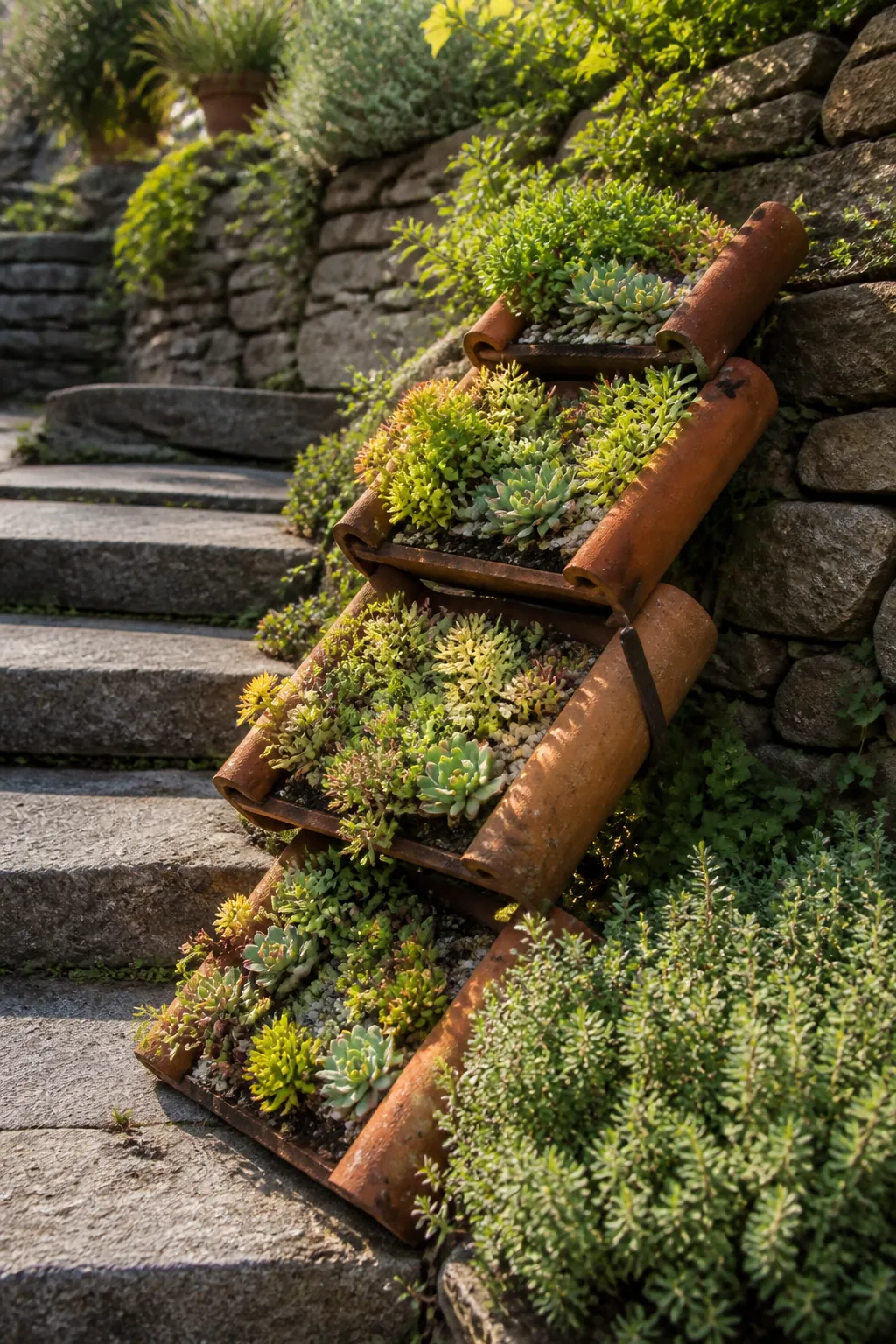 Hardy sedums planted along overlapping clay roof tiles