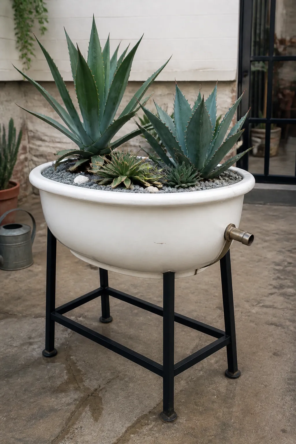 Sparse succulent garden in a clean white laboratory basin