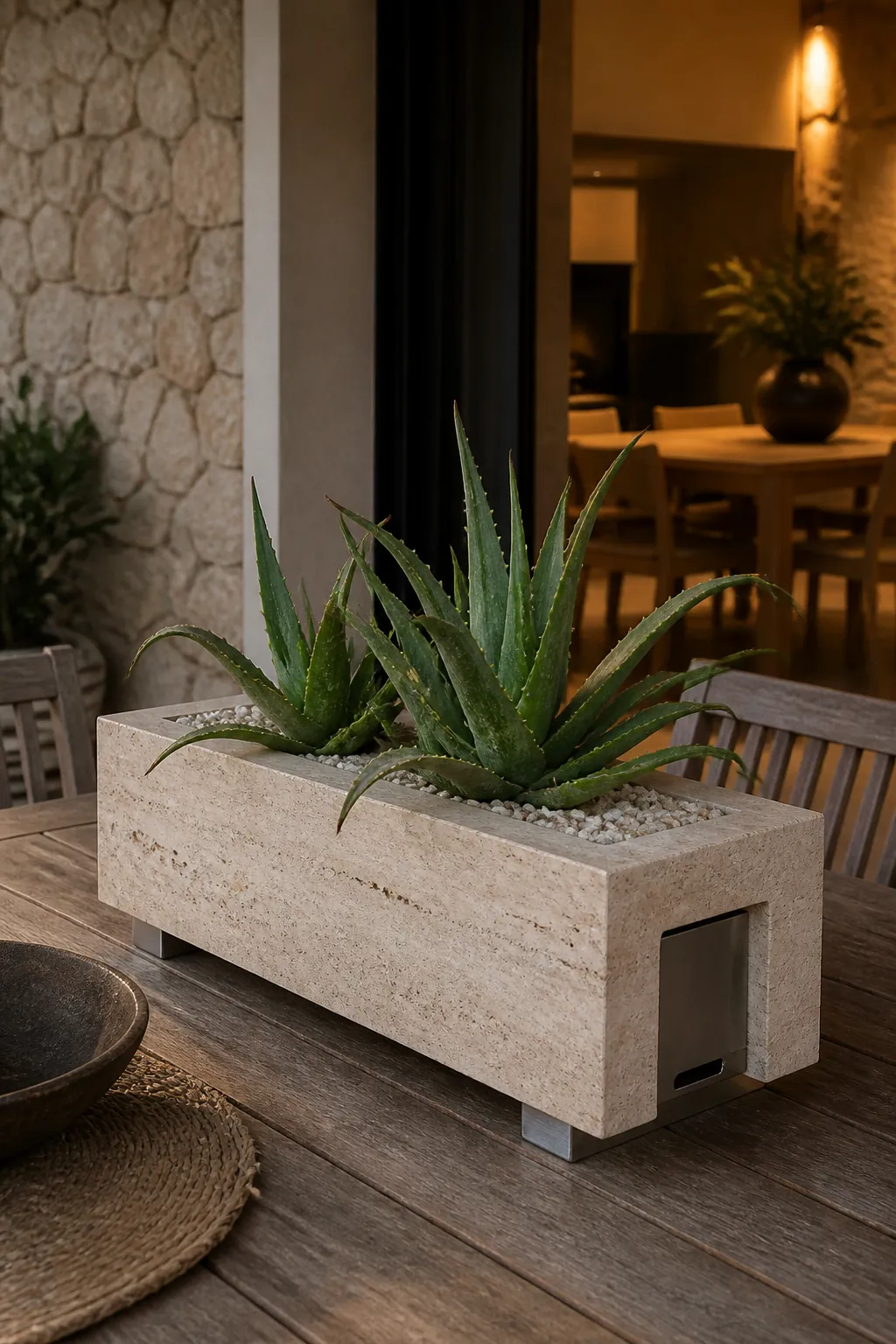 Architectural succulent planted in a hollow travertine table block
