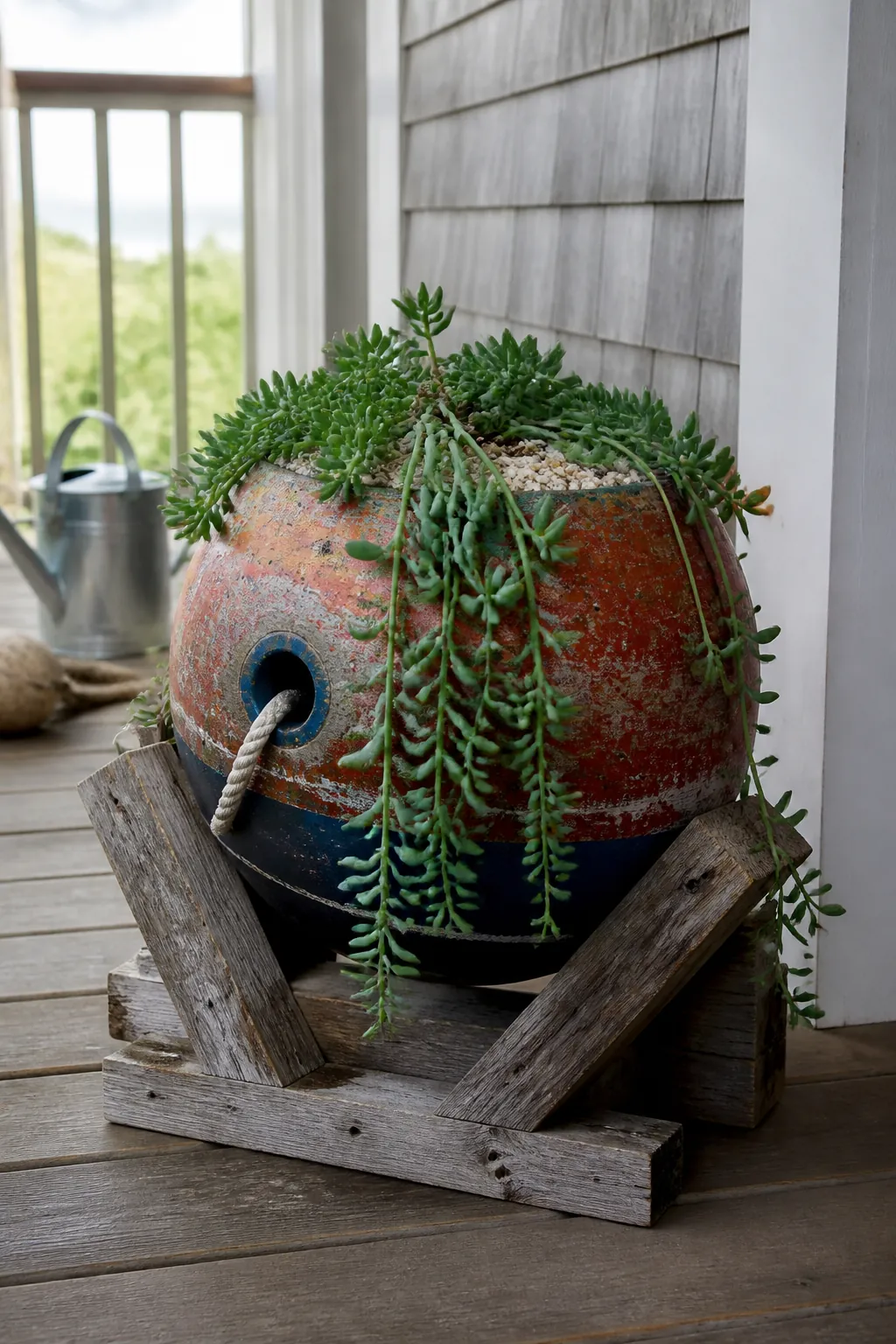 Trailing succulent growing from a weathered marine buoy planter