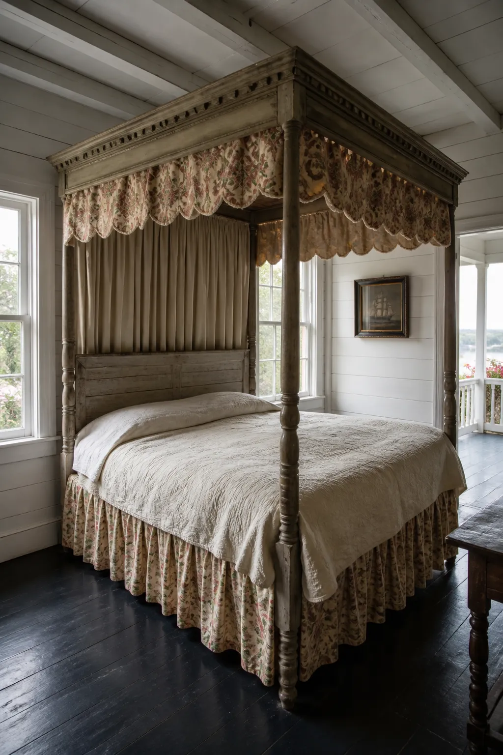 Historic cottage bedroom with an antique wood bed, floral textiles, and warm traditional details